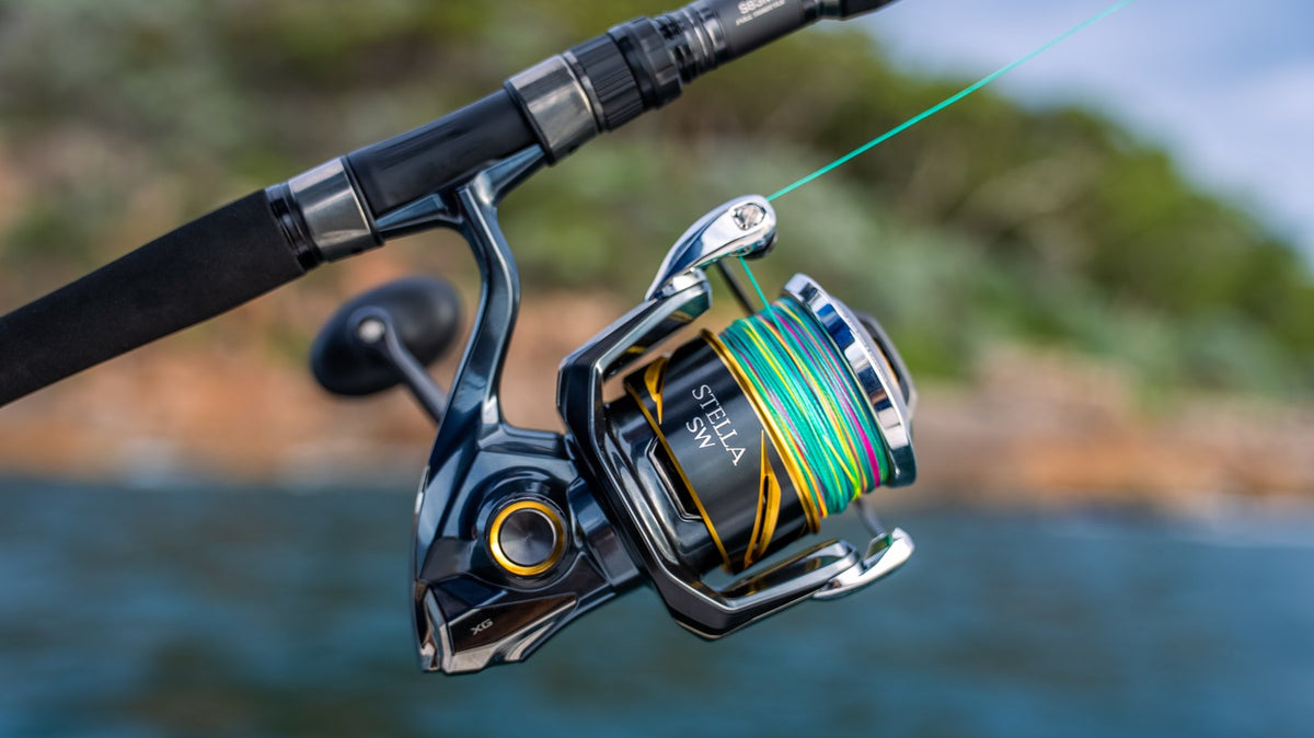 Close-up of a Shimano spinning reel spooled with braid on a fishing rod, with water behind