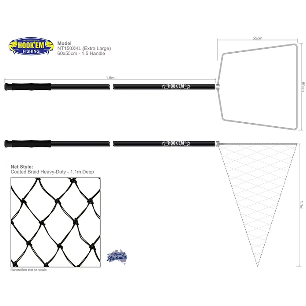 Hookem Fixed Net 1.5m XL Coated Braid - NT150XKL Dimensions