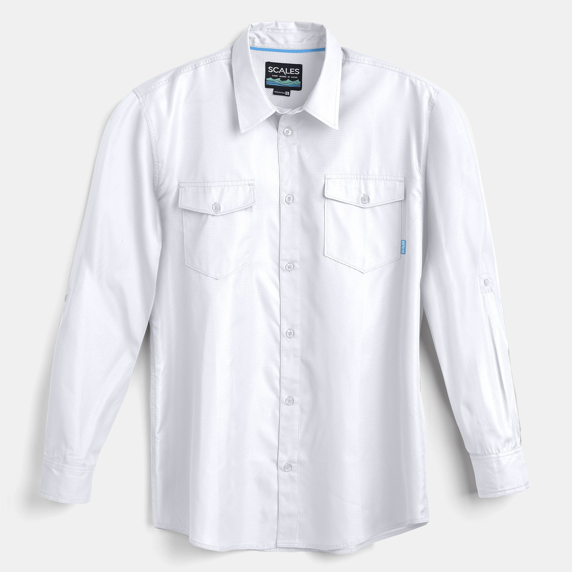 Scales Gear Performance Button Down Slack Tide Mens White Shirt - Front View