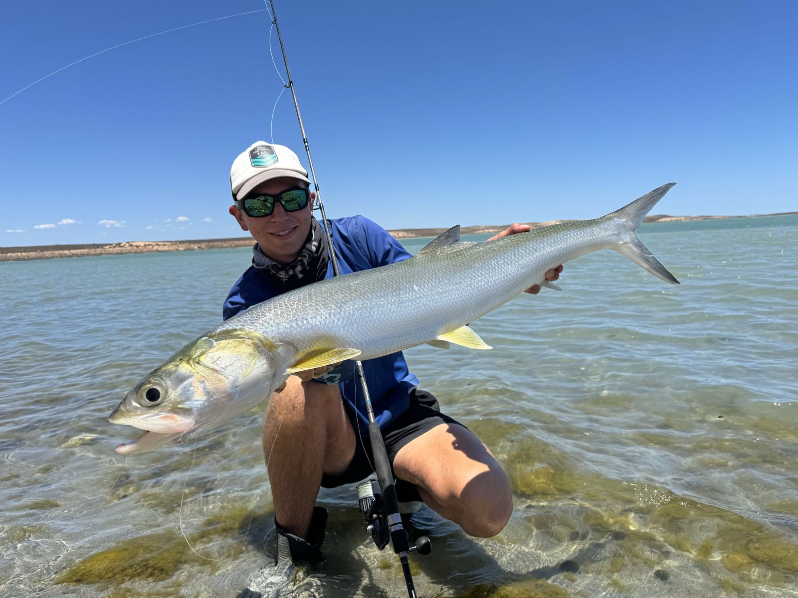 Angler wading a shallow sand flat holding a big giant herring
