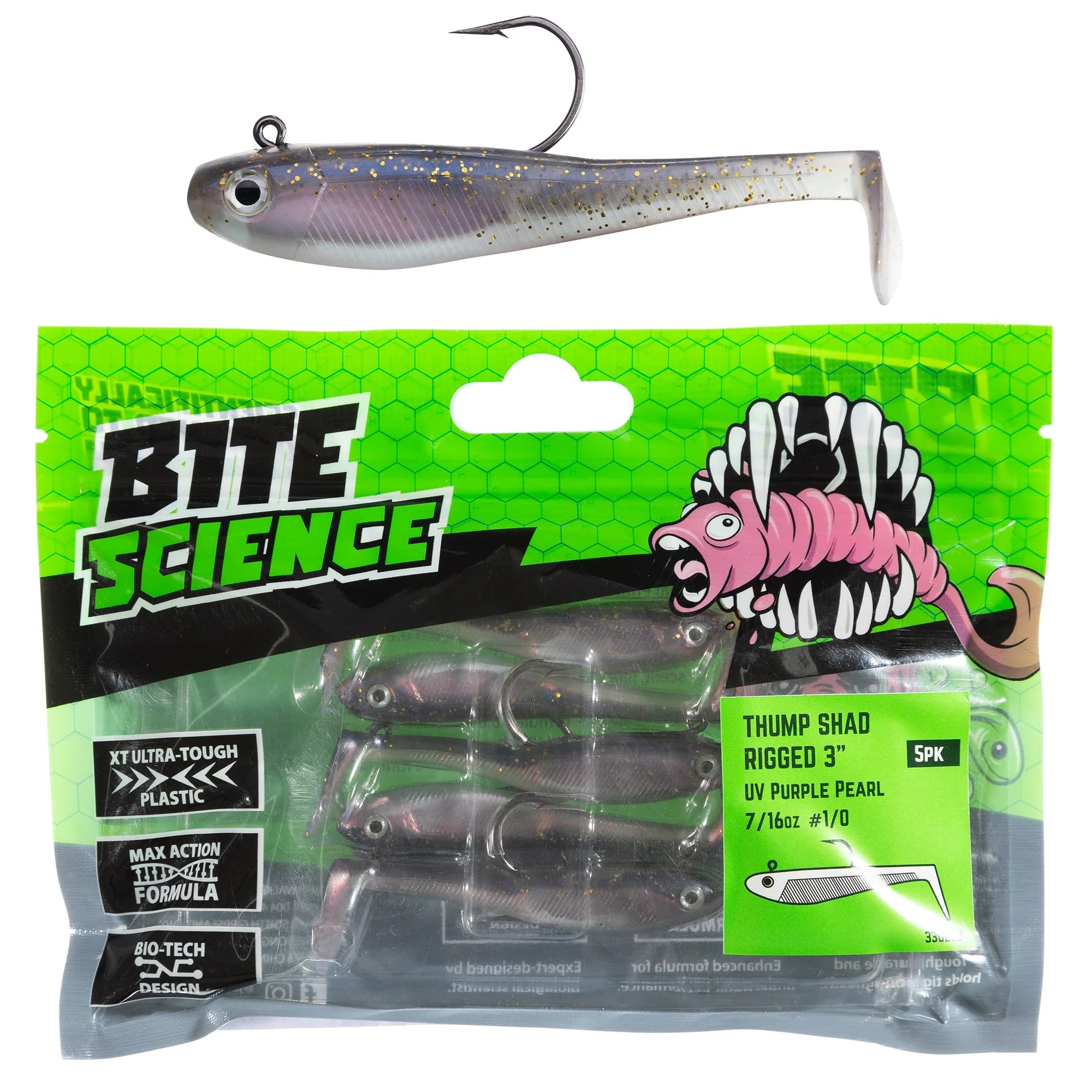 Bite Science Thump Shad Rigged 3in UV Purple Pearl
