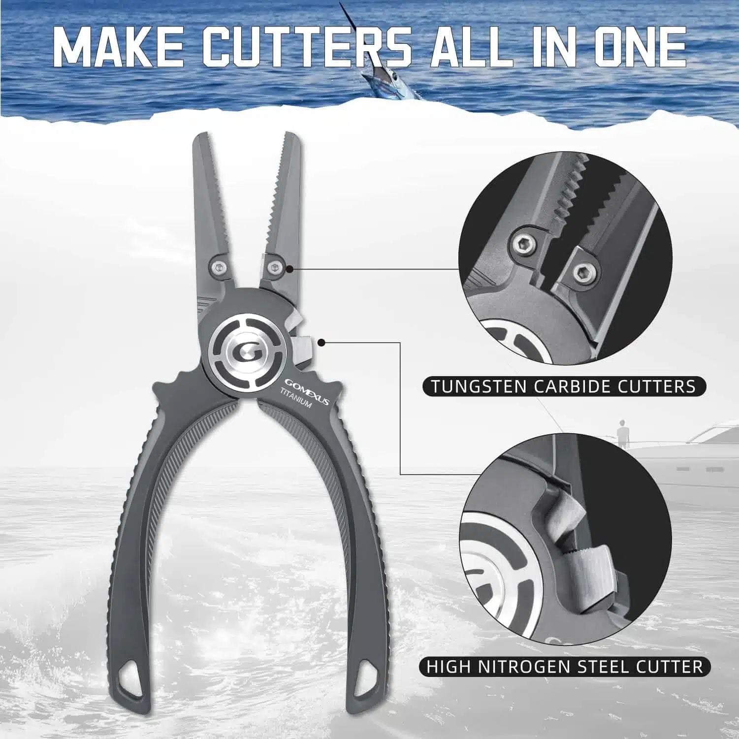 Gomexus Heavy Duty Titanium Fishing Pliers 7.5in With Dual Cutters Details