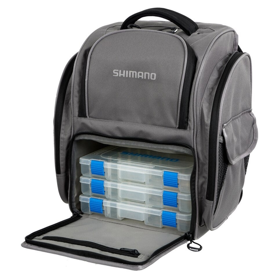 Shimano Back Pack Large w/ Tackle Box - Grey Open