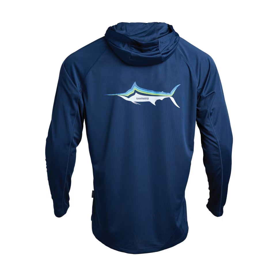 Shimano Performance Hooded Tech Tee Navy - Marlin Back