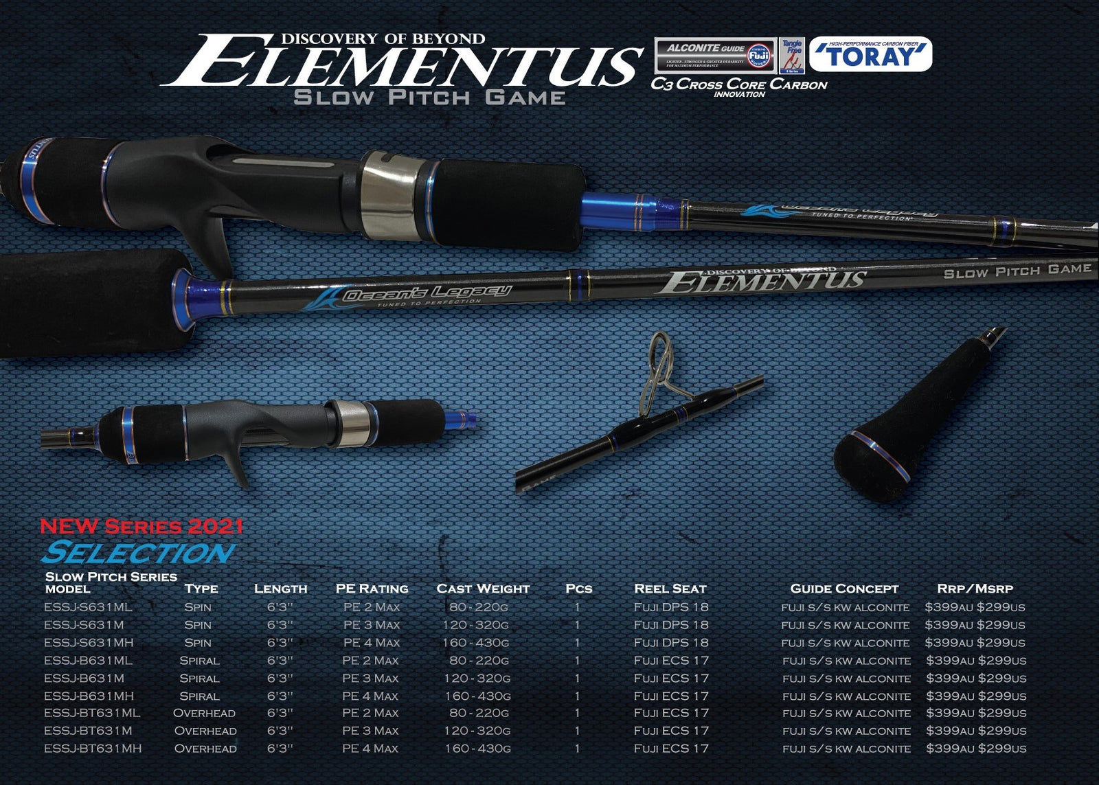 Oceans Legacy Elementus Slow Spiral Wrap Overhead Fishing Rod