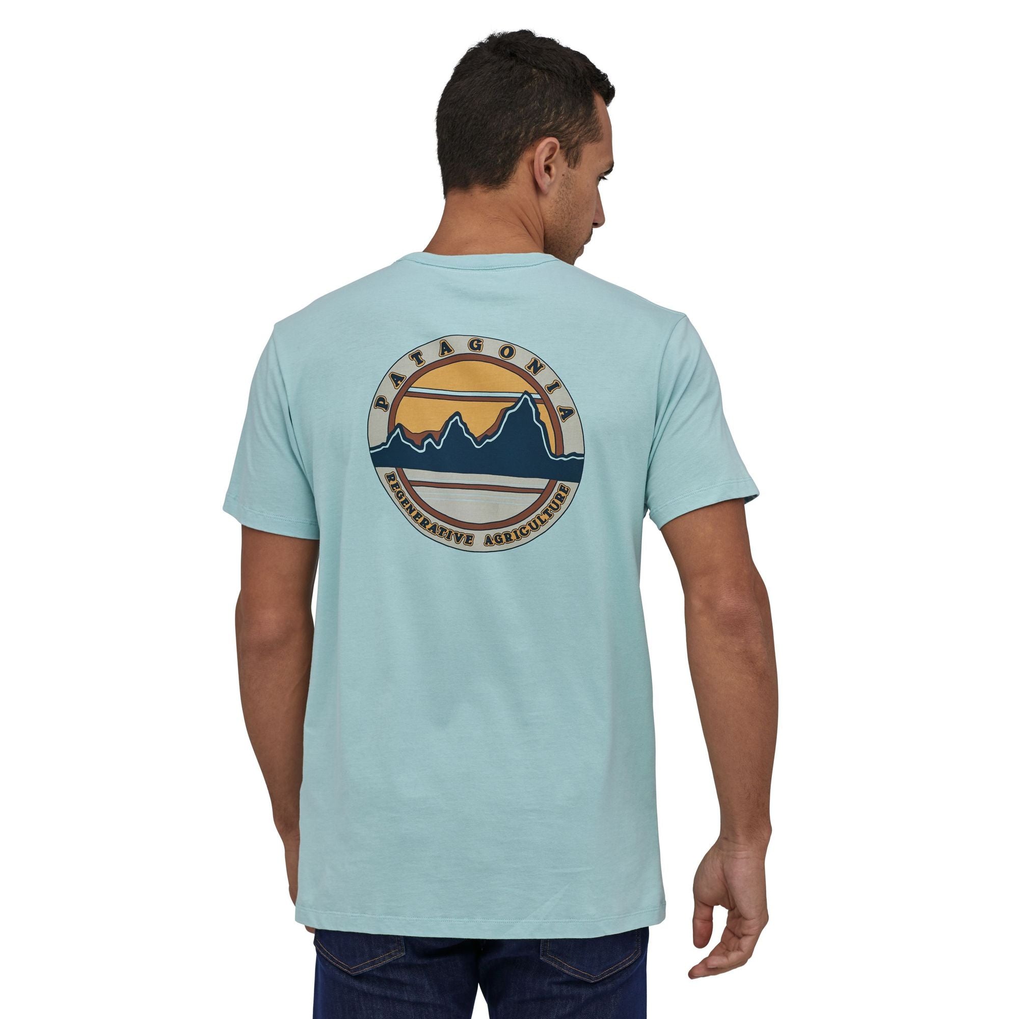 Patagonia Road to Regenerative Pocket Tee Big Sky Blue Back